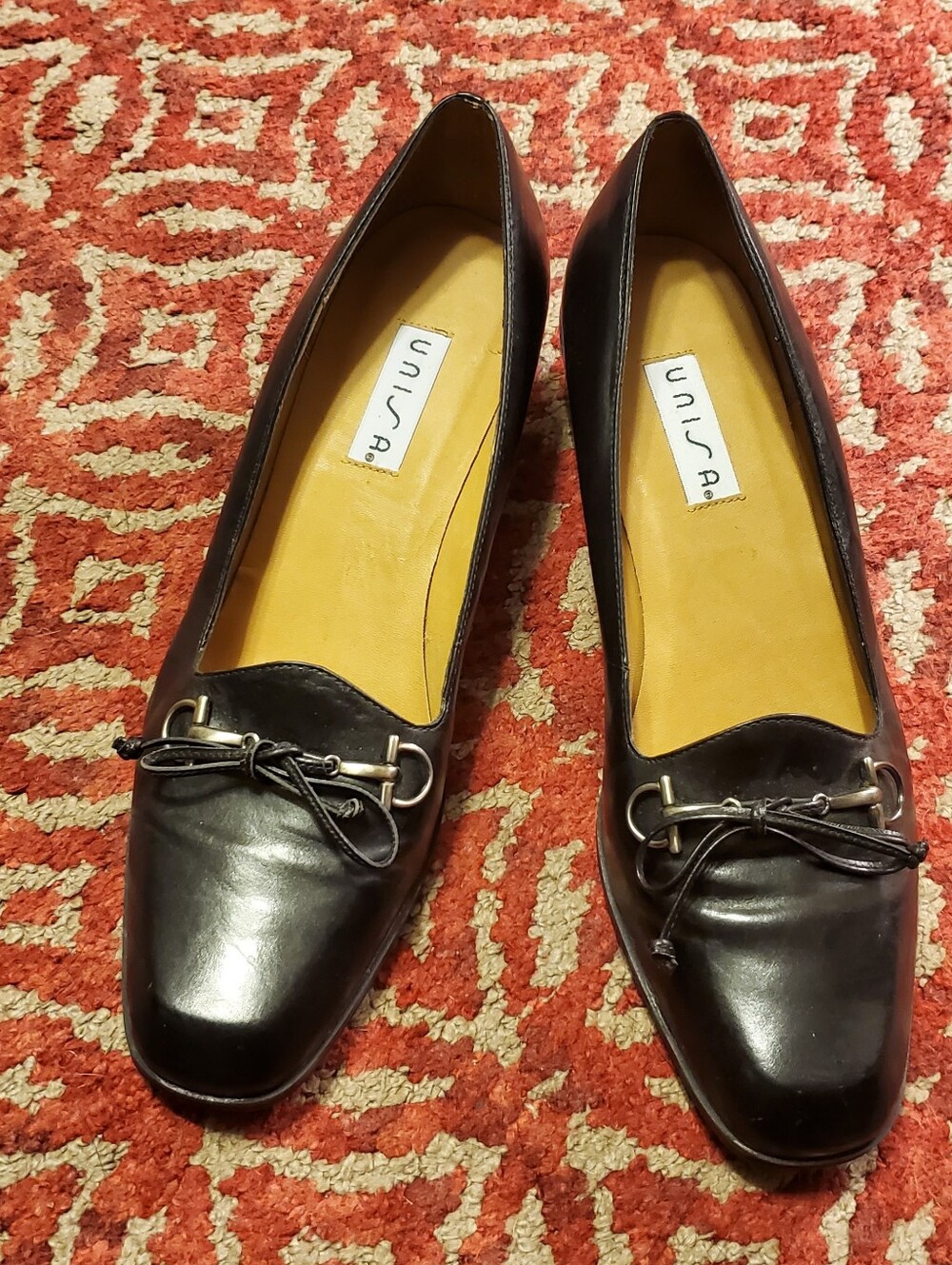 Vtg UNISA Black Leather Horsebit Block Heel Pumps Square Toe Brazil 9AA Academia